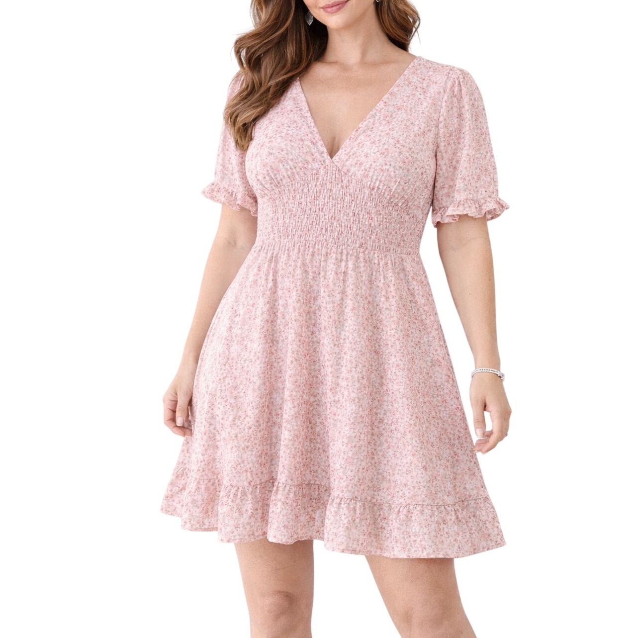 Zara Pink Floral Smocked Mini Dress Small V-Neck Puff Sleeve Ruffle Hem